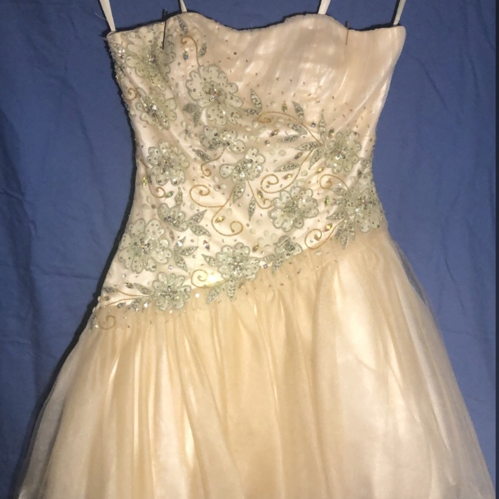 Strapless Cream floral prom dress with stitched beading (with optional straps)